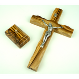 catholic olive wood crucifix cross laid flat with detached stand
