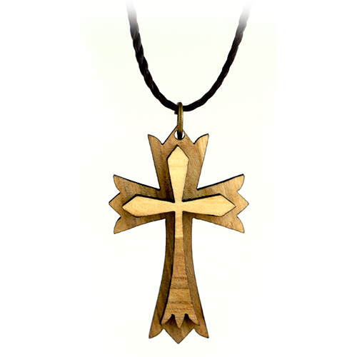Layered Pointed Cross, Olive Wood Necklace