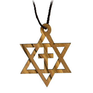 Star of David with Cross, Messianic Olive Wood Necklace