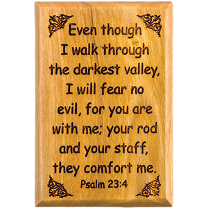 Bible Verse Fridge Magnets, Fear no Evil - Psalm 23:4, 1.6" x 2.5" Olive Wood Religious Motivational Faith Magnets from Bethlehem, Home, Kitchen, & Office, Inspirational Scripture Décor front