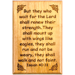 Bible Verse Fridge Magnets, Wings Like Eagles - Isaiah 40:31, 1.6" x 2.5" Olive Wood Religious Motivational Faith Magnets from Bethlehem, Home, Kitchen, & Office, Inspirational Scripture Décor front