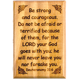 Bible Verse Fridge Magnets, Strong & Courageous - Deuteronomy 31:6, 1.6" x 2.5" Olive Wood Religious Motivational Faith Magnets from Bethlehem, Home, Kitchen, & Office, Inspirational Scripture Décor front