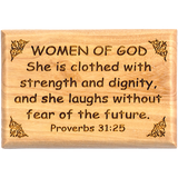 Bible Verse Fridge Magnets, Women of God - Proverbs 31:25, 1.6" x 2.5" Olive Wood Religious Motivational Faith Magnets from Bethlehem, Home, Kitchen, & Office, Inspirational Scripture Décor front