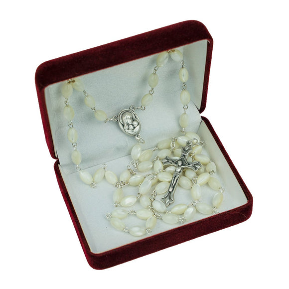 Mother of Pearl Rosary with Virgin Mary and Baby Jesus Oval Medal in velvet box