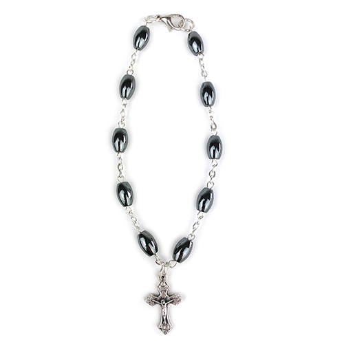 One Decade Hematite Catholic Rosary Charm Bracelet, Religious Link Chain Metal Beads for Men with Crucifix Cross Pendant Charm, Rosario Católico para Hombres y Mujeres con Crucifijo Cruz