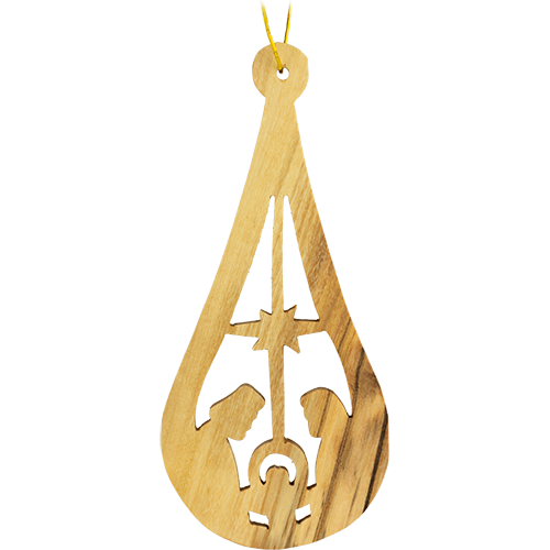 front view of 2D holy family and bethlehem star teardrop nativity Christmas hanging ornament