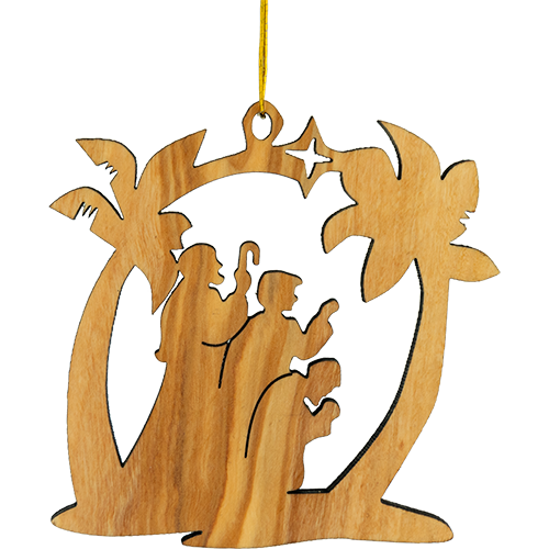 front view of 2D shepherds and palm trees Christmas hanging ornament