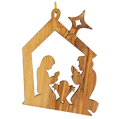 front view of 2D holy family manger and bethlehem star nativity Christmas hanging ornament