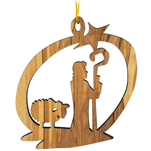 front view of 2D shepherd and sheep Christmas hanging ornament