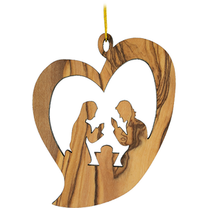 front view of 2D holy family heart nativity Christmas hanging ornament