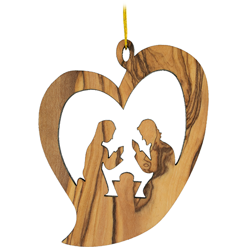 front view of 2D holy family heart nativity Christmas hanging ornament