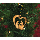 holy land heart nativity holiday ornament hanging on a christmas tree