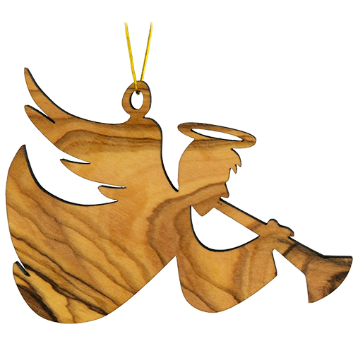 front view of 2D angel with trumpet Christmas hanging ornament