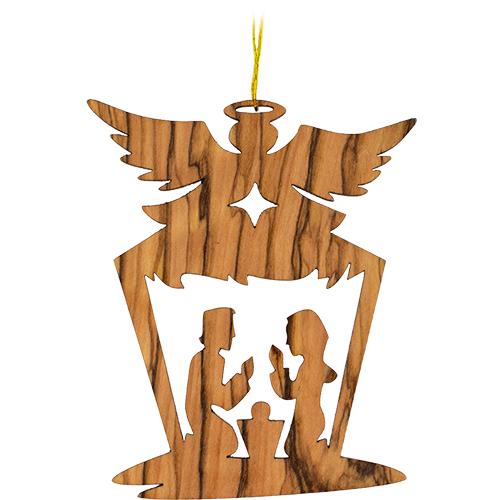 front view of 2D angel wings holy family nativity scene Christmas hanging ornament