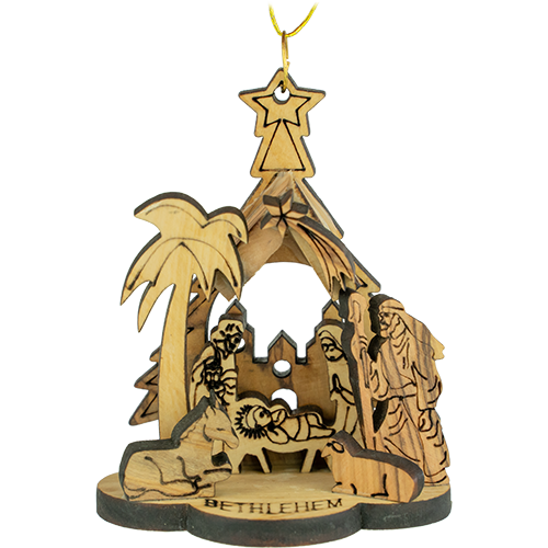front view of 3-dimensional manger nativity scene ornament from Israel