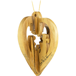 Holy family heart nativity 3-dimensional olive wood ornament from Israel
