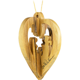 Holy family heart nativity 3-dimensional olive wood ornament from Israel