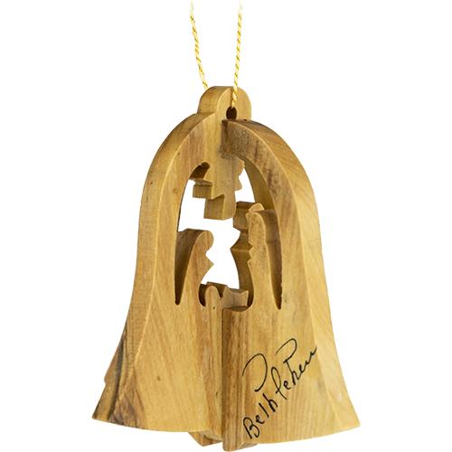 Holy family christmas bell nativity 3-dimensional olive wood ornament from Israel