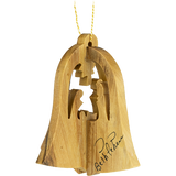 Holy family christmas bell nativity 3-dimensional olive wood ornament from Israel