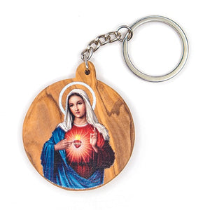 Virgin Mary Immaculate Heart, Olive Wood Catholic Keychain