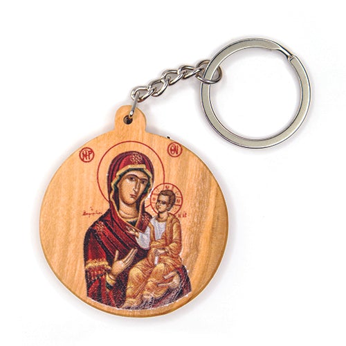 Virgin Mary of Jerusalem (Byzantine), Olive Wood Catholic Keychain