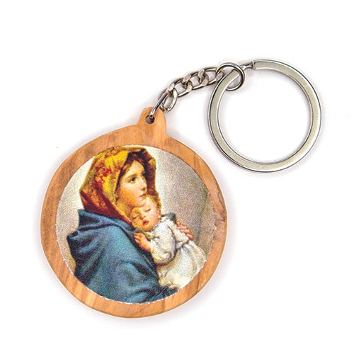 Mother Mary & Child Jesus (Byzantine), Olive Wood Catholic Keychain