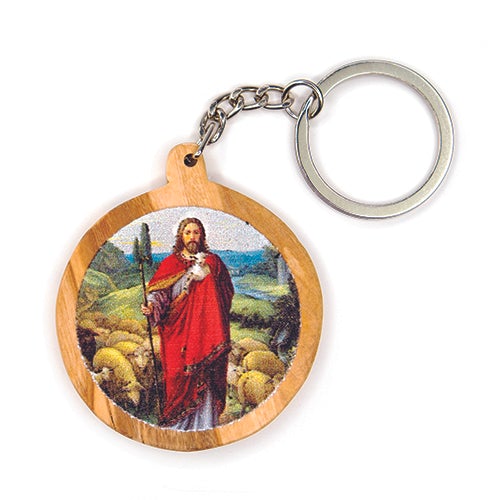 Jesus the Good Shepherd, Olive Wood Catholic Keychain