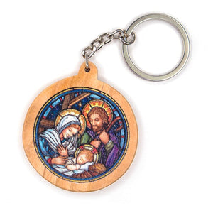 Holy Family Manger, Olive Wood Catholic Keychain