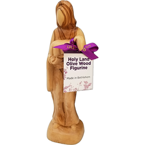 Holy Land Olive Wood Statue - Jesus the Good Shepherd, 10" with purple ribbon