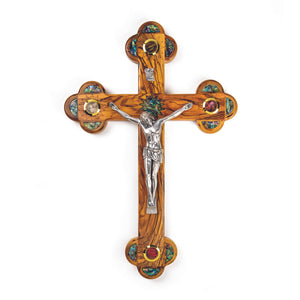 15" Olive Wood & Mother of Pearl Crucifix Wall Cross with Holy Land Elements