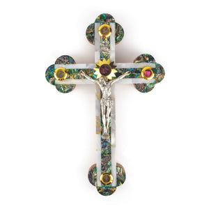 11" Mother of Pearl & Olive Wood Crucifix Wall Cross with Holy Land Elements