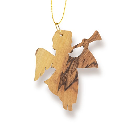 Angel with Trumpet (Vertical) Christmas Ornament, Holy Land Olive Wood