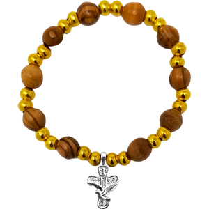 Olive Wood Stretch Bracelet, Gold Beads and Cross/Dove Dangle