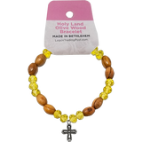 Olive Wood Stretch Bracelet, Yellow Beads and Cross Dangle with tag
