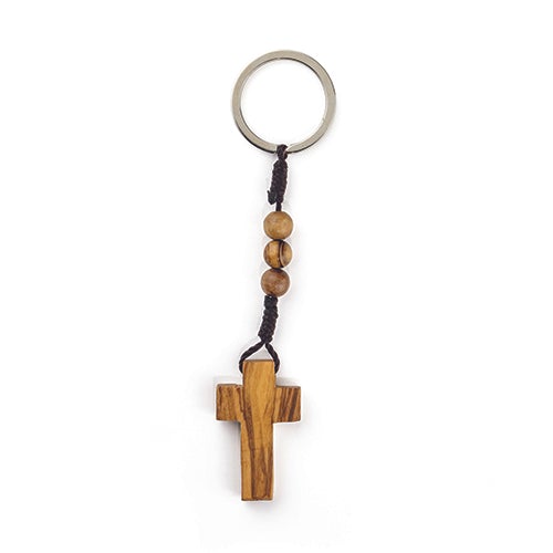 Rope Rosary Keychain with Olive Wood Cross & Beads