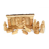 Holy Land Olive Wood Nativity with Log Stable with Bark and Small Faceless Figurines