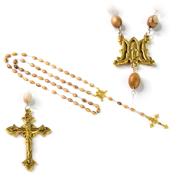 Full view of rosary with close-ups showing the detail of the miraculous medal and crucifix cross pendant