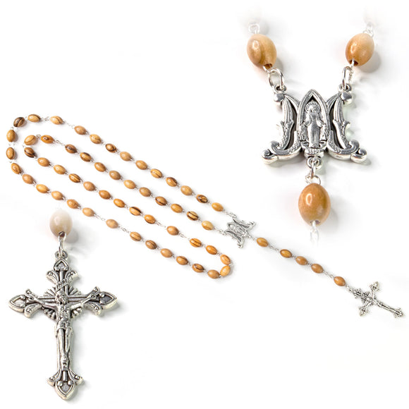 Full view of rosary with close-ups showing the detail of the miraculous medal and crucifix cross pendant