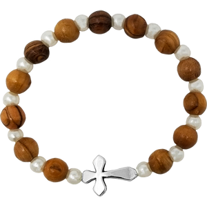 Olive Wood Stretch Bracelet, White Bears and Inlet Cross