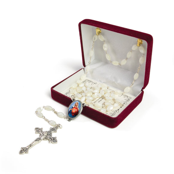 Mother of Pearl Catholic Rosary, Immaculate Heart Medal
