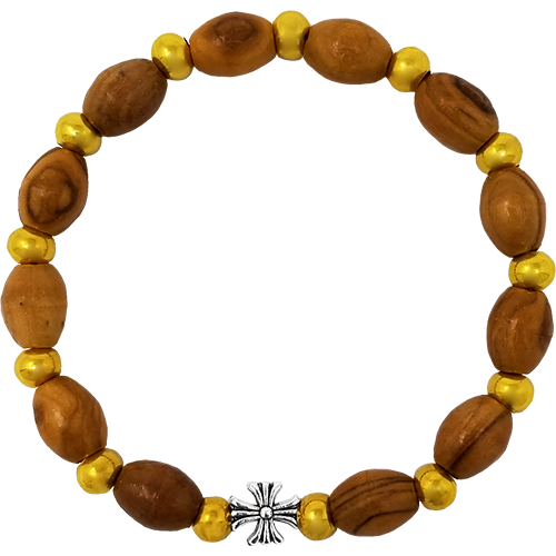 Olive Wood Stretch Bracelet, Golden Bears and Inlet Cross