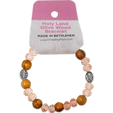 Olive Wood Stretch Bracelet, Pink Beads and Jerusalem Cross, Virgin Mary with tag