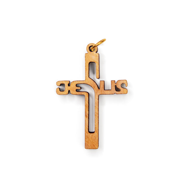 Jesus Outline Cross Olive Wood Pendant Charm with ring