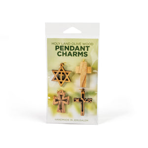 4 Pack of Olive Wood Pendant Charms – Star of David with Cross, Simple Cross, Outlined Cross and Jesus Cross