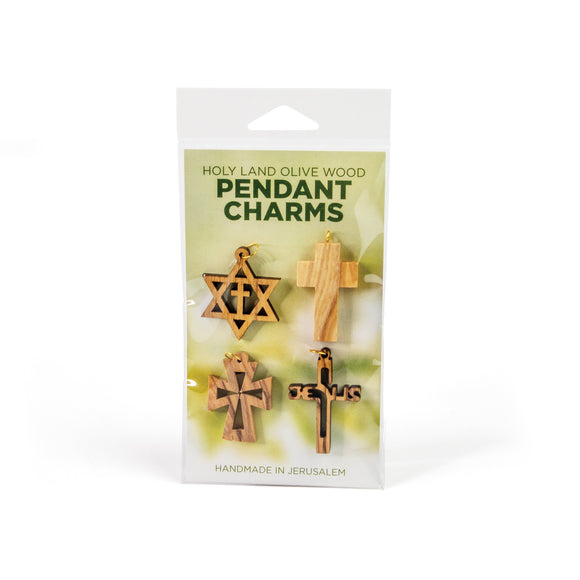 4 Pack of Olive Wood Pendant Charms – Star of David with Cross, Simple Cross, Outlined Cross and Jesus Cross
