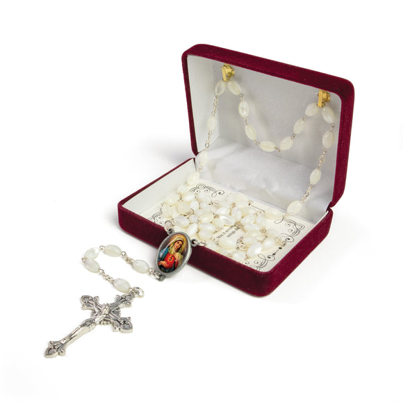 Mother of Pearl Catholic Rosary, Sacred Heart of Mary (Red) Medal