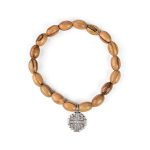 Stretch Bracelet with Elongated Olive Wood Beads and Jerusalem Cross Dangle
