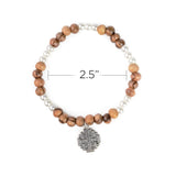 Stretch Bracelet with Grouped Olive Wood and White Beads and Jerusalem Cross Dangle