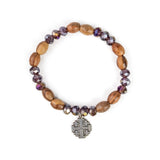 Stretch Bracelet with Grouped Olive Wood and Purple Beads and Jerusalem Cross Dangle