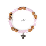 Stretch Bracelet with Grouped Olive Wood and Pink Beads and Cross Dangle